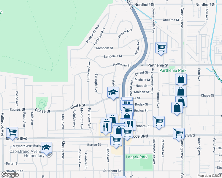 map of restaurants, bars, coffee shops, grocery stores, and more near 22110 Napa Street in Los Angeles