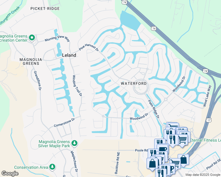 map of restaurants, bars, coffee shops, grocery stores, and more near 1011 Lismore Way in Leland