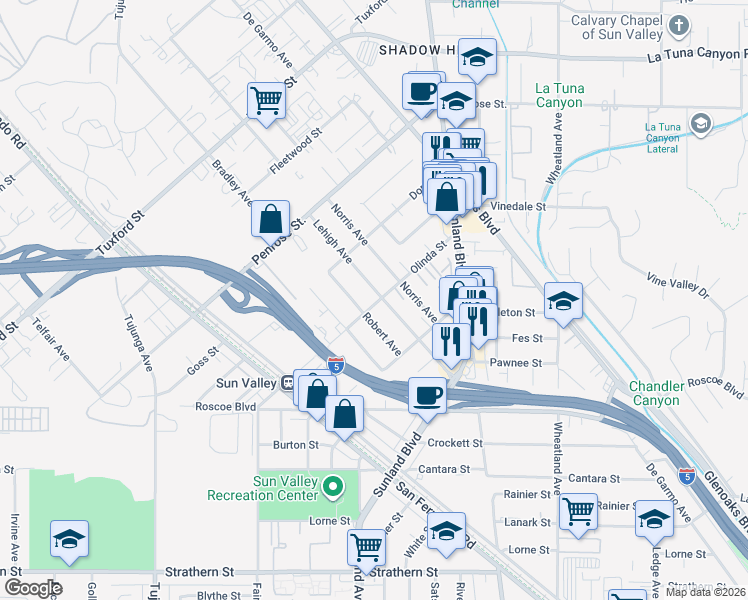 map of restaurants, bars, coffee shops, grocery stores, and more near 8603 Lehigh Avenue in Los Angeles