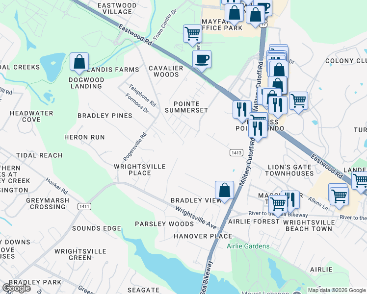 map of restaurants, bars, coffee shops, grocery stores, and more near 136 Telephone Road in Wilmington