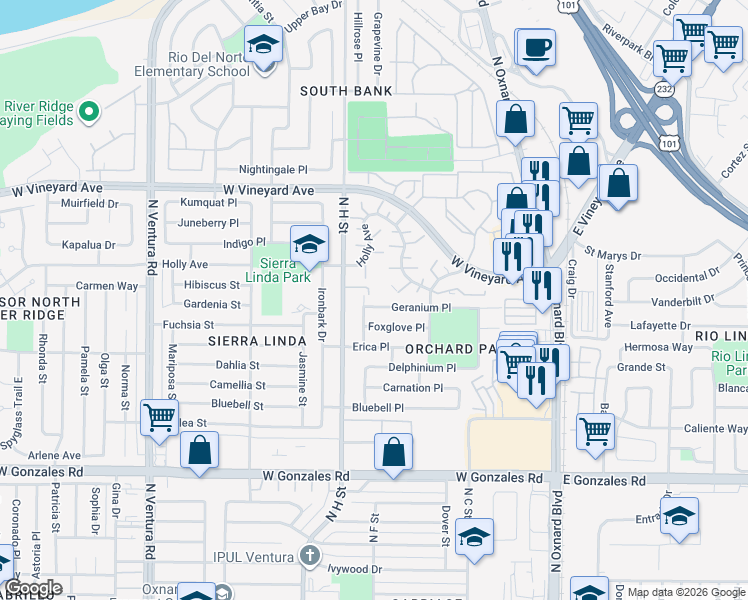map of restaurants, bars, coffee shops, grocery stores, and more near 659 Geranium Place in Oxnard