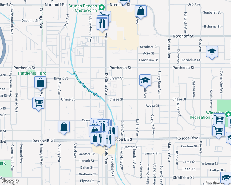 map of restaurants, bars, coffee shops, grocery stores, and more near 8524 De Soto Avenue in Los Angeles