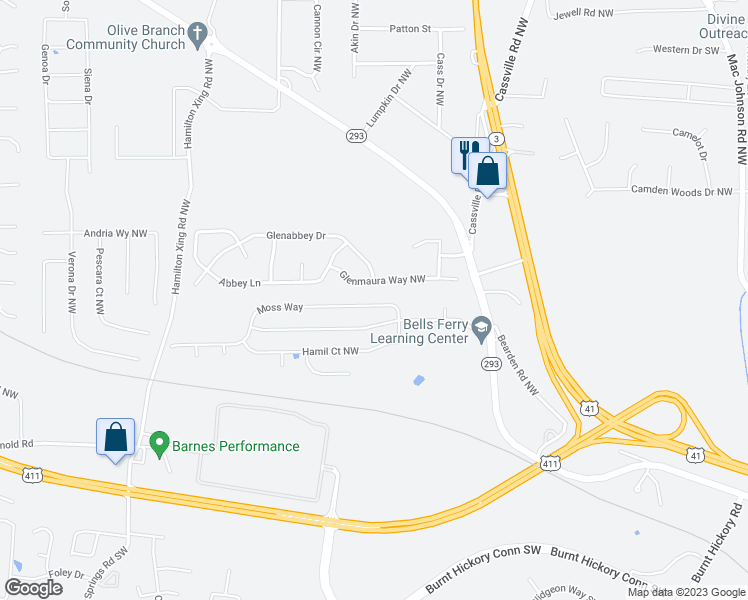 map of restaurants, bars, coffee shops, grocery stores, and more near 22 Moss Way in Cartersville