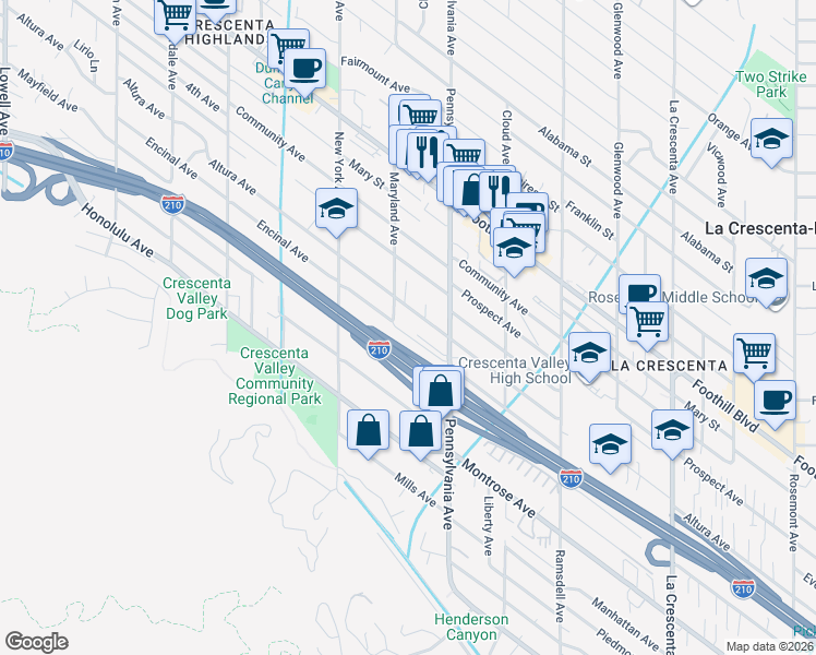 map of restaurants, bars, coffee shops, grocery stores, and more near 3246 Altura Avenue in Glendale
