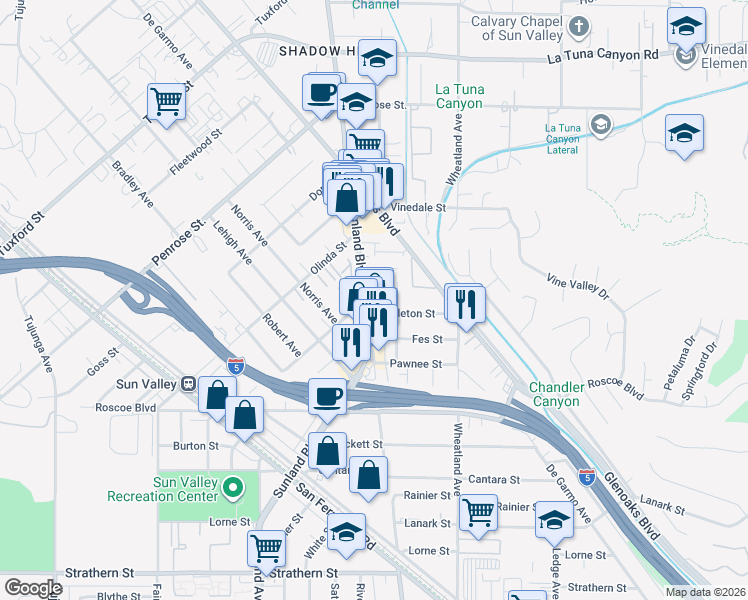 map of restaurants, bars, coffee shops, grocery stores, and more near 8500 Sunland Boulevard in Los Angeles