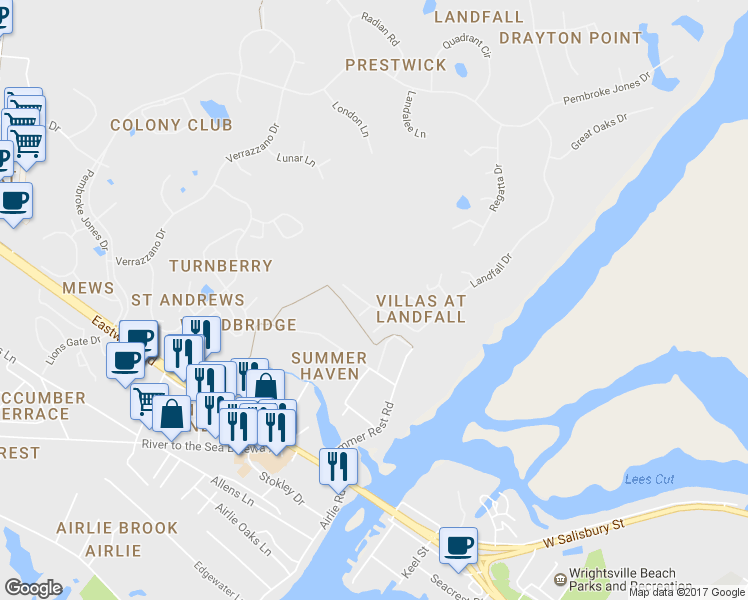 map of restaurants, bars, coffee shops, grocery stores, and more near 1708 Landfall Drive in Wilmington