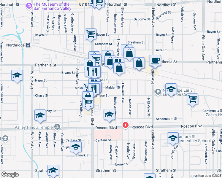 map of restaurants, bars, coffee shops, grocery stores, and more near 18350 Malden Street in Los Angeles