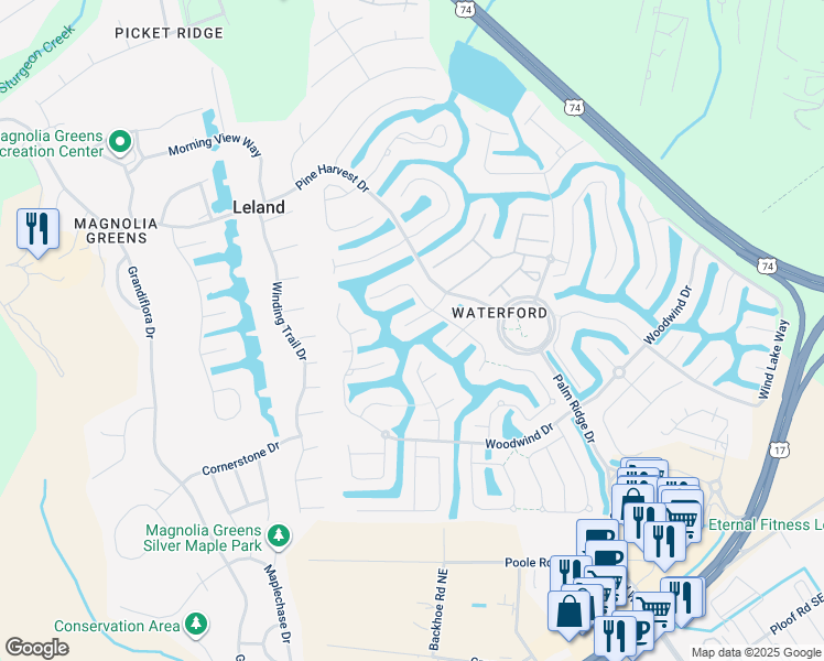 map of restaurants, bars, coffee shops, grocery stores, and more near 1011 Lismore Way in Leland