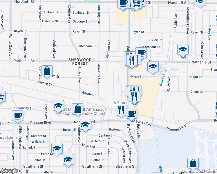 map of restaurants, bars, coffee shops, grocery stores, and more near 8523 Oak Park Avenue in Los Angeles