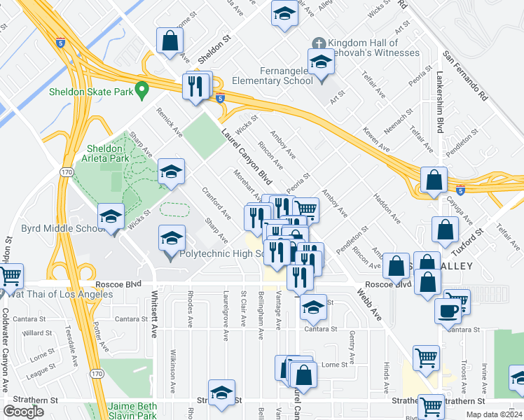 map of restaurants, bars, coffee shops, grocery stores, and more near 8541 Morehart Avenue in Los Angeles