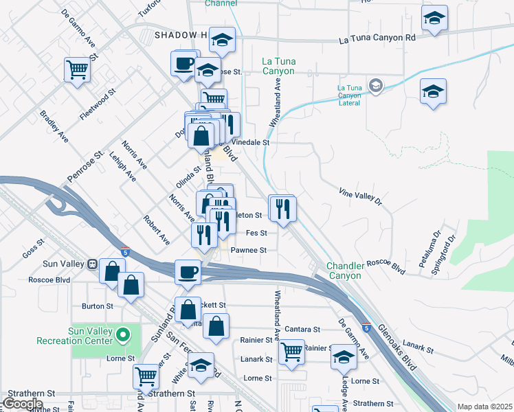 map of restaurants, bars, coffee shops, grocery stores, and more near 8525 Glenoaks Boulevard in Los Angeles