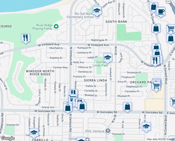 map of restaurants, bars, coffee shops, grocery stores, and more near 1251 Gardenia Street in Oxnard