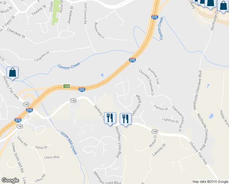 map of restaurants, bars, coffee shops, grocery stores, and more near 337 Hillcrest Lane in Canton