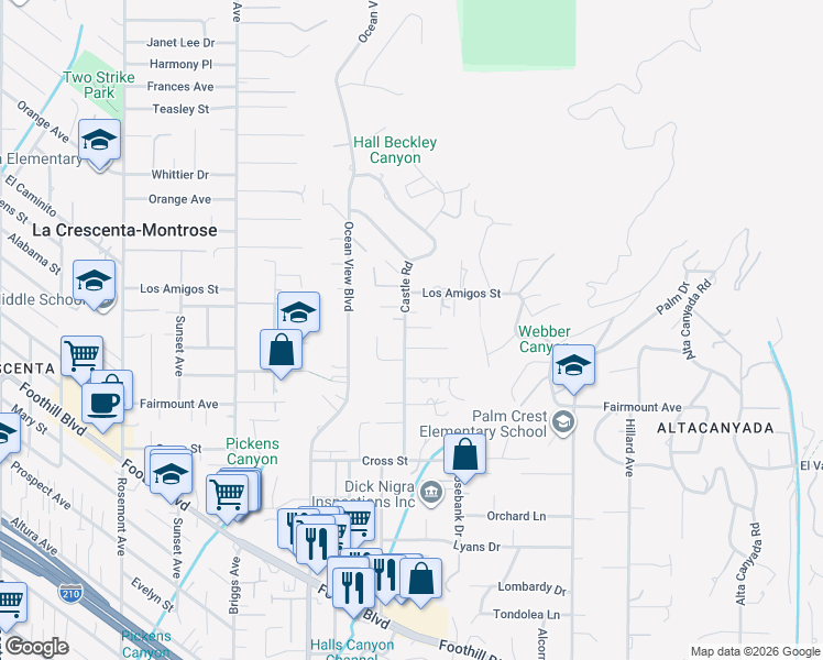 map of restaurants, bars, coffee shops, grocery stores, and more near 5018 Castle Road in La Cañada Flintridge