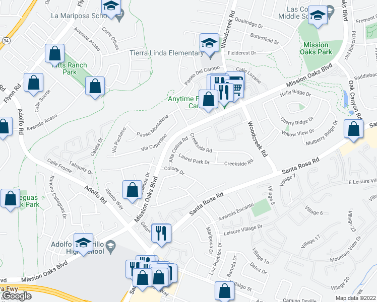 map of restaurants, bars, coffee shops, grocery stores, and more near 876 Laurel Park Circle in Camarillo