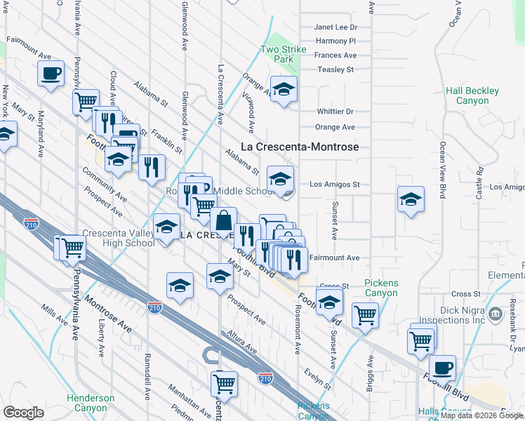 map of restaurants, bars, coffee shops, grocery stores, and more near 2701 Franklin Street in La Crescenta-Montrose