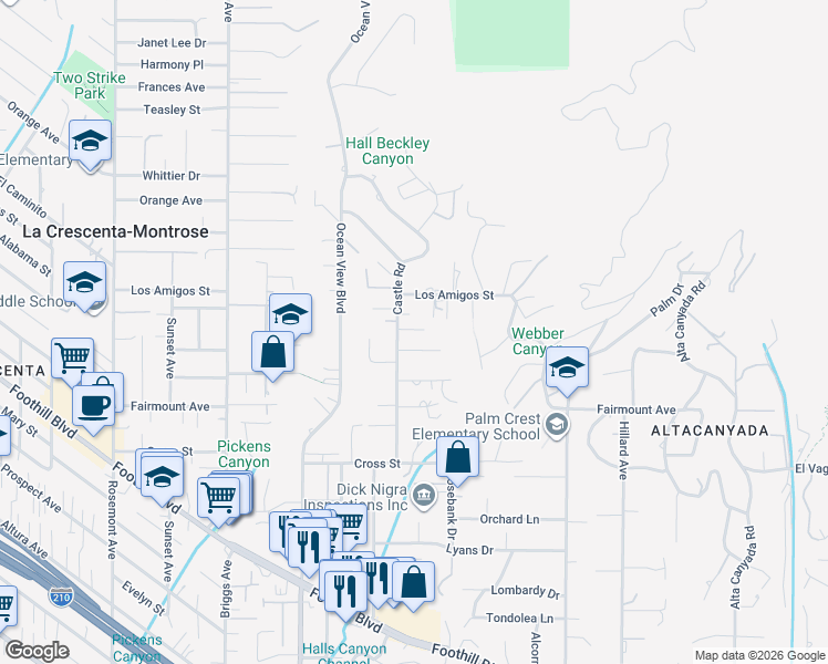 map of restaurants, bars, coffee shops, grocery stores, and more near 5012 Castle Road in La Cañada Flintridge