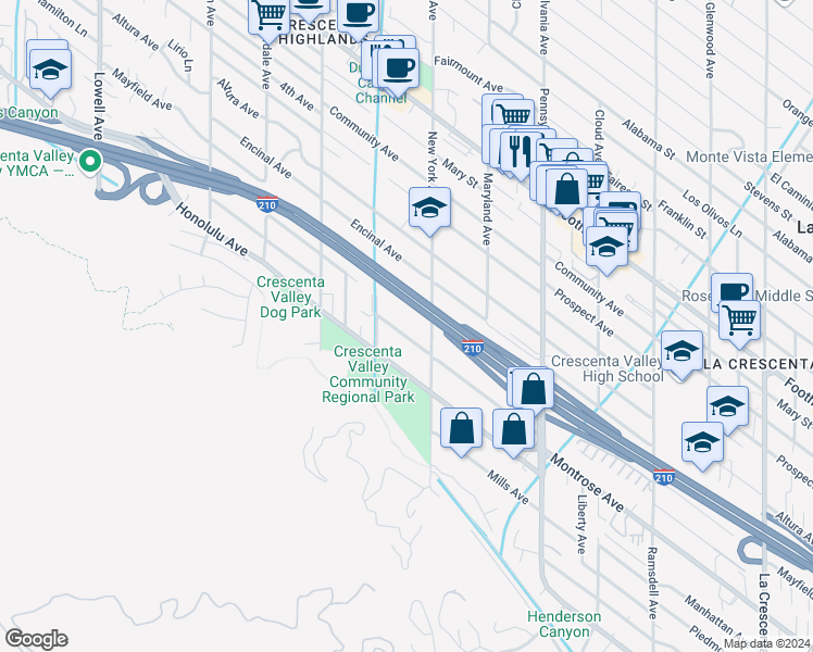 map of restaurants, bars, coffee shops, grocery stores, and more near 3433 Montrose Avenue in Glendale