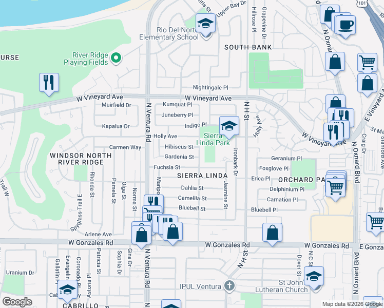 map of restaurants, bars, coffee shops, grocery stores, and more near 1261 Gardenia Street in Oxnard