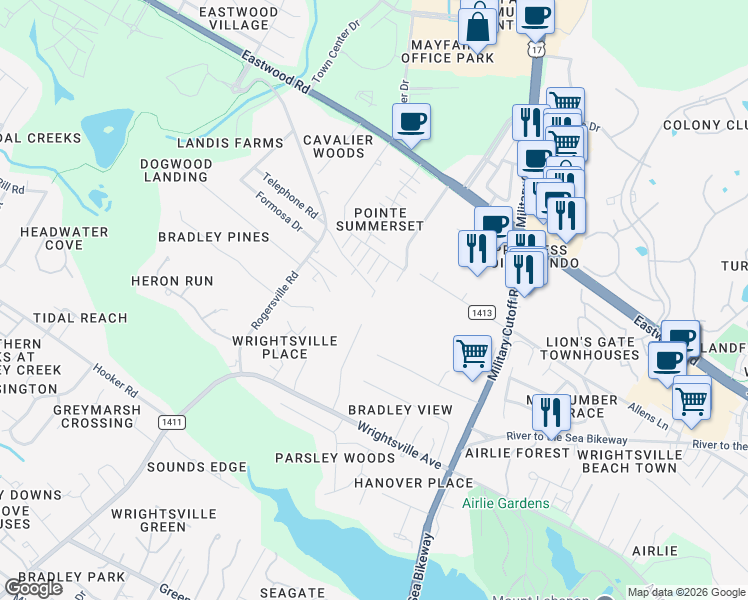 map of restaurants, bars, coffee shops, grocery stores, and more near 136 Telephone Road in Wilmington