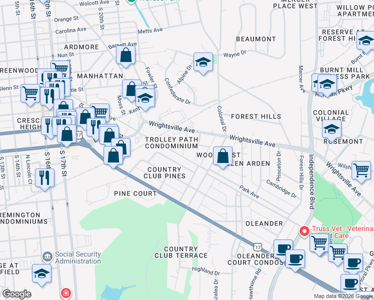map of restaurants, bars, coffee shops, grocery stores, and more near in Wilmington