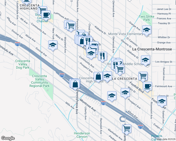 map of restaurants, bars, coffee shops, grocery stores, and more near 3102 Prospect Avenue in La Crescenta-Montrose