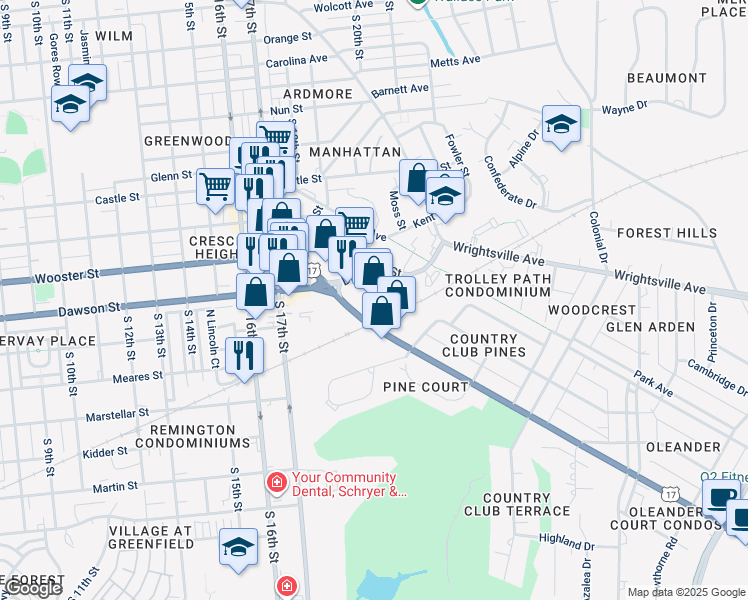 map of restaurants, bars, coffee shops, grocery stores, and more near 1929 Oleander Drive in Wilmington