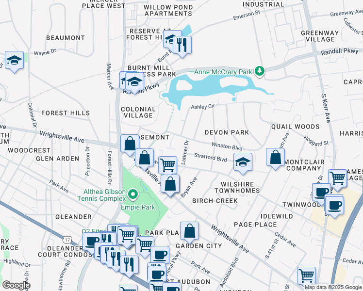 map of restaurants, bars, coffee shops, grocery stores, and more near 710 Latimer Drive in Wilmington