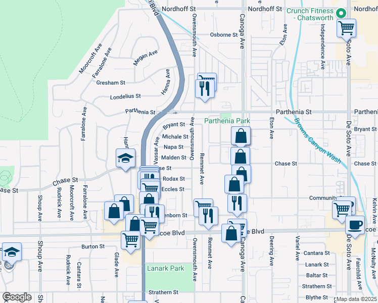 map of restaurants, bars, coffee shops, grocery stores, and more near 8529 Owensmouth Avenue in Los Angeles