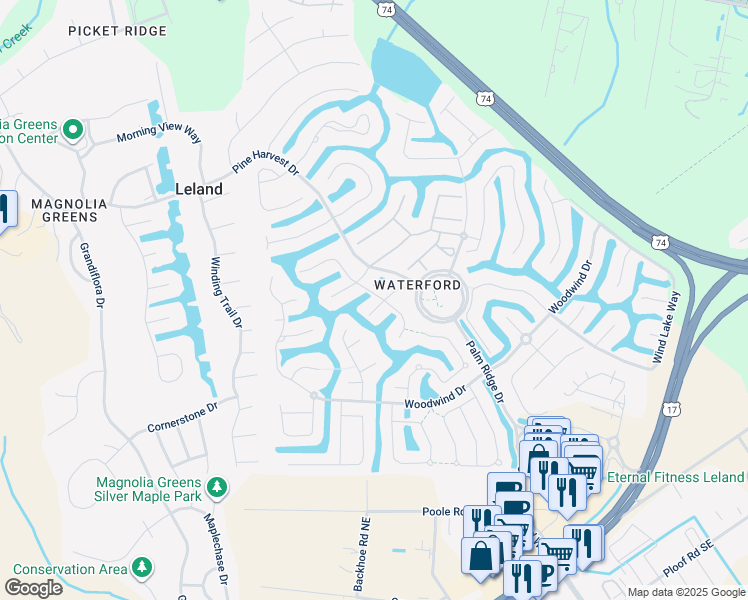 map of restaurants, bars, coffee shops, grocery stores, and more near 1202 Skylar Court in Leland