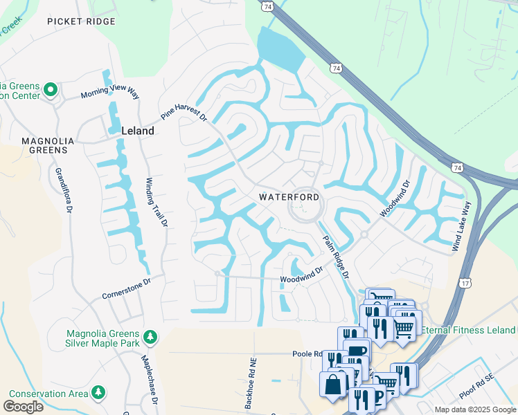map of restaurants, bars, coffee shops, grocery stores, and more near 1202 Skylar Court in Leland