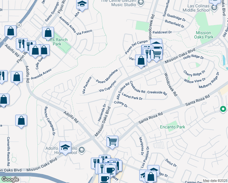 map of restaurants, bars, coffee shops, grocery stores, and more near Mission Oaks Boulevard in Camarillo