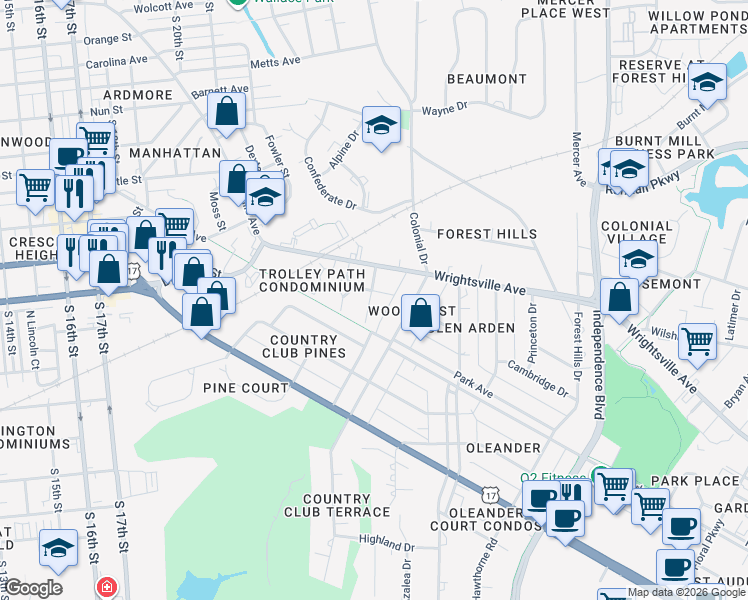 map of restaurants, bars, coffee shops, grocery stores, and more near 1209 Hill Street in Wilmington