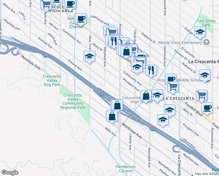 map of restaurants, bars, coffee shops, grocery stores, and more near 3238 Altura Avenue in Glendale