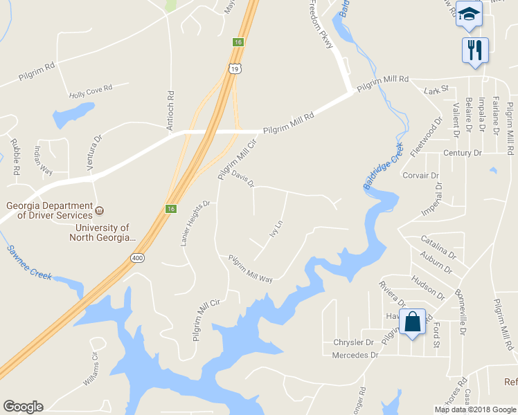 map of restaurants, bars, coffee shops, grocery stores, and more near 1945 Tiner Court in Cumming