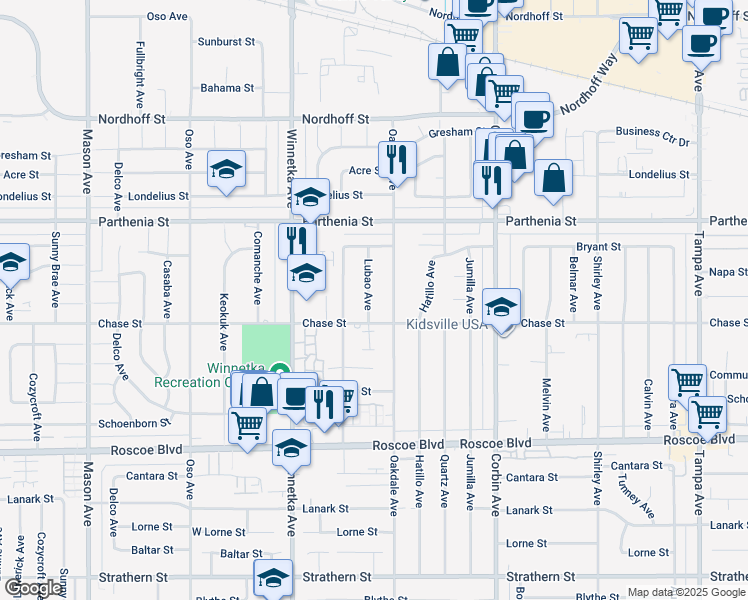 map of restaurants, bars, coffee shops, grocery stores, and more near 8524 Lubao Avenue in Los Angeles