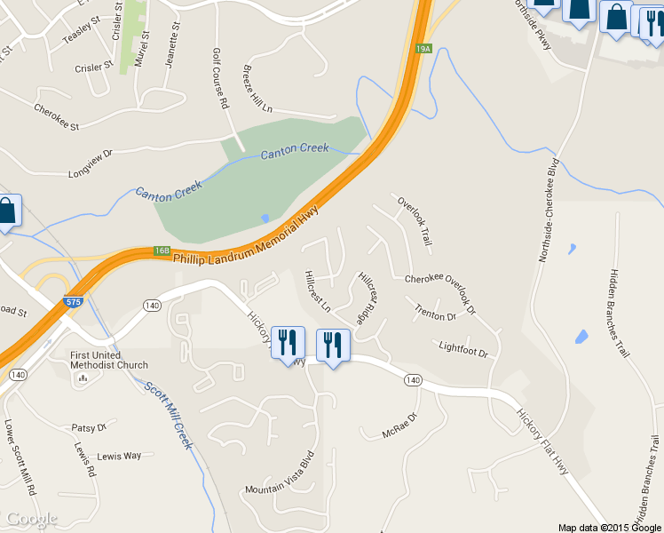 map of restaurants, bars, coffee shops, grocery stores, and more near 510 Hillcrest Cross Rd in Canton