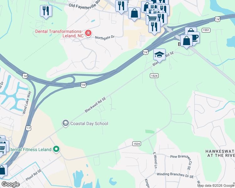 map of restaurants, bars, coffee shops, grocery stores, and more near 10003 Blackwell Road Southeast in Leland