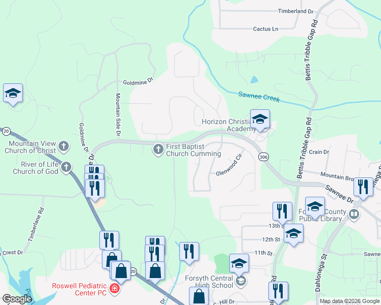 map of restaurants, bars, coffee shops, grocery stores, and more near 1615 Madison Court in Cumming