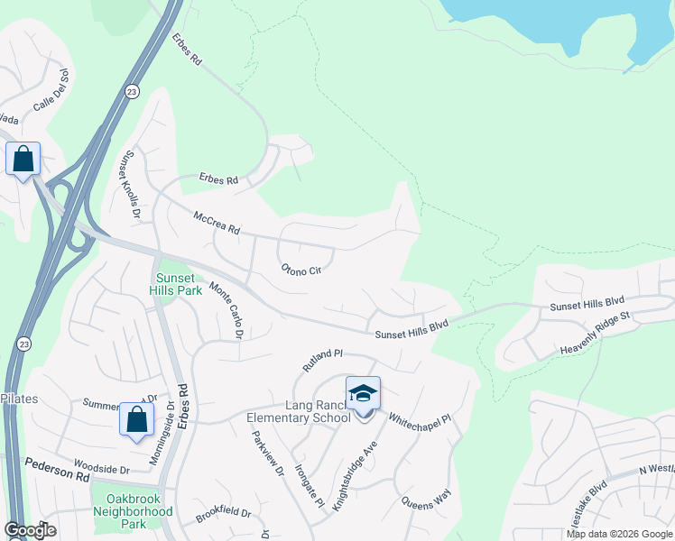 map of restaurants, bars, coffee shops, grocery stores, and more near 2382 Otono Circle in Thousand Oaks