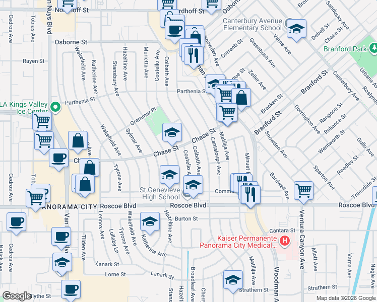 map of restaurants, bars, coffee shops, grocery stores, and more near 8508 Costello Avenue in Los Angeles