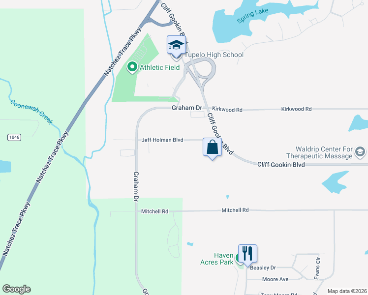 map of restaurants, bars, coffee shops, grocery stores, and more near 3493 Jeff Homan Boulevard in Tupelo