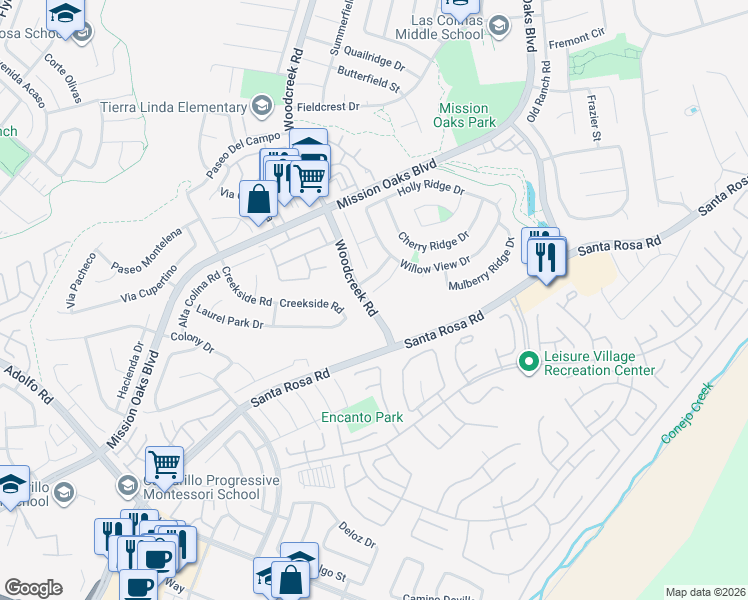 map of restaurants, bars, coffee shops, grocery stores, and more near 5306 Maple View Circle in Camarillo