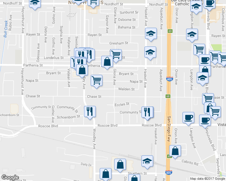 map of restaurants, bars, coffee shops, grocery stores, and more near 8521 Gloria Avenue in Los Angeles