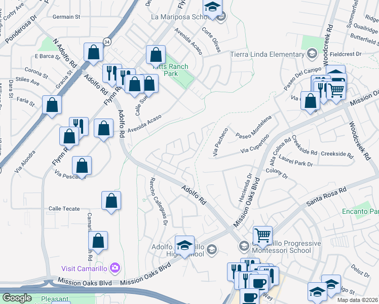 map of restaurants, bars, coffee shops, grocery stores, and more near 200 Caleta Drive in Camarillo