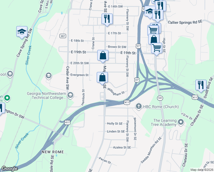 map of restaurants, bars, coffee shops, grocery stores, and more near 2039 Maple Avenue Southwest in Rome