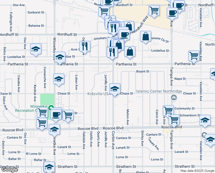 map of restaurants, bars, coffee shops, grocery stores, and more near 8528 Jumilla Avenue in Los Angeles