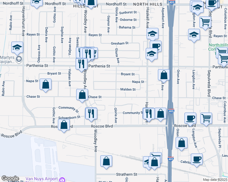 map of restaurants, bars, coffee shops, grocery stores, and more near 8521 Gloria Avenue in Los Angeles
