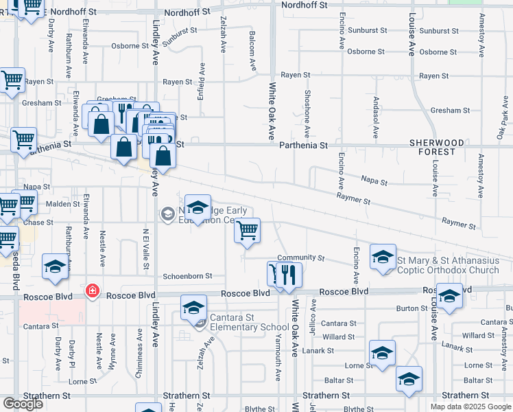 map of restaurants, bars, coffee shops, grocery stores, and more near 17813 Malden Street in Los Angeles