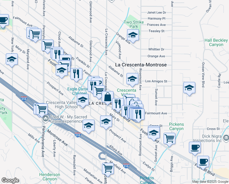 map of restaurants, bars, coffee shops, grocery stores, and more near 2751 Fairmount Avenue in La Crescenta-Montrose